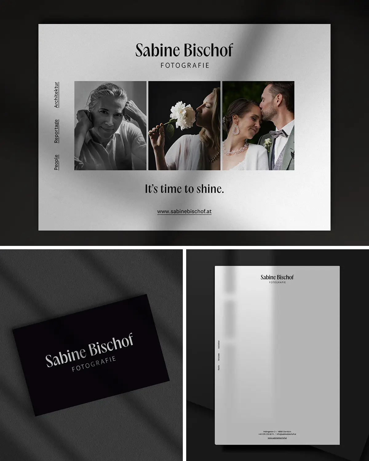 Eine Grafikdesign-Übersicht (Inserat, Visitenkarte, Briefpapier) für Sabine Bischof Fotografie